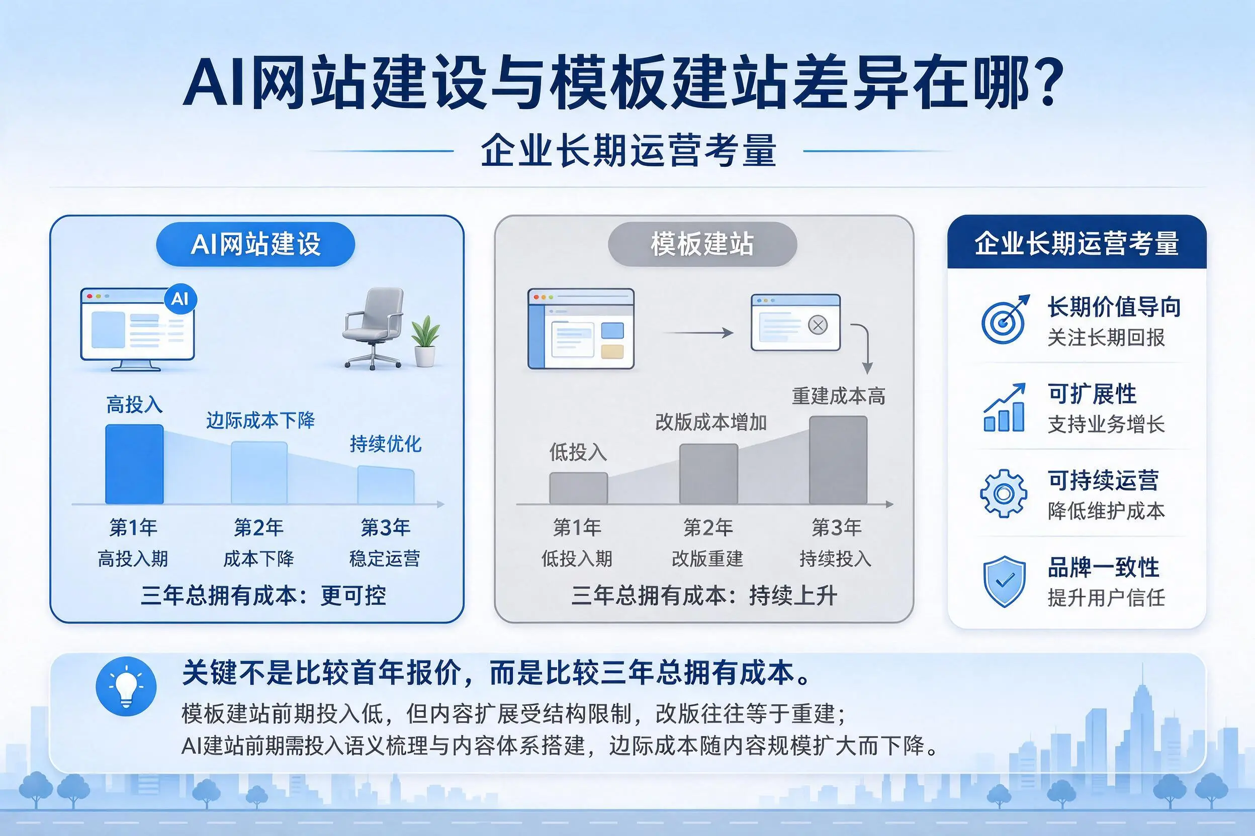 AI网站建设与模板建站差异在哪？滁州企业长期运营考量